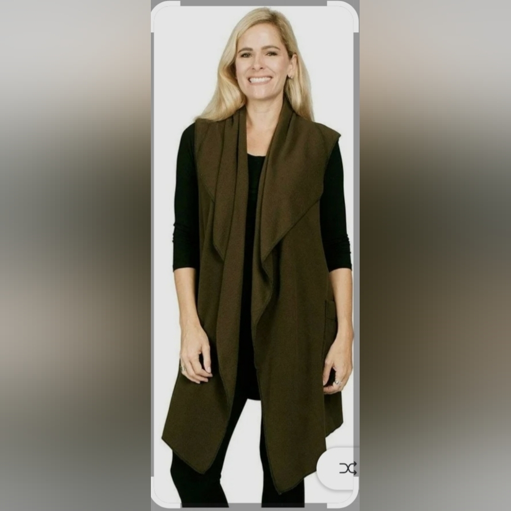 LeModa Olive Green Drape Vest Pocketed Open Front Fleece One Size Fits All